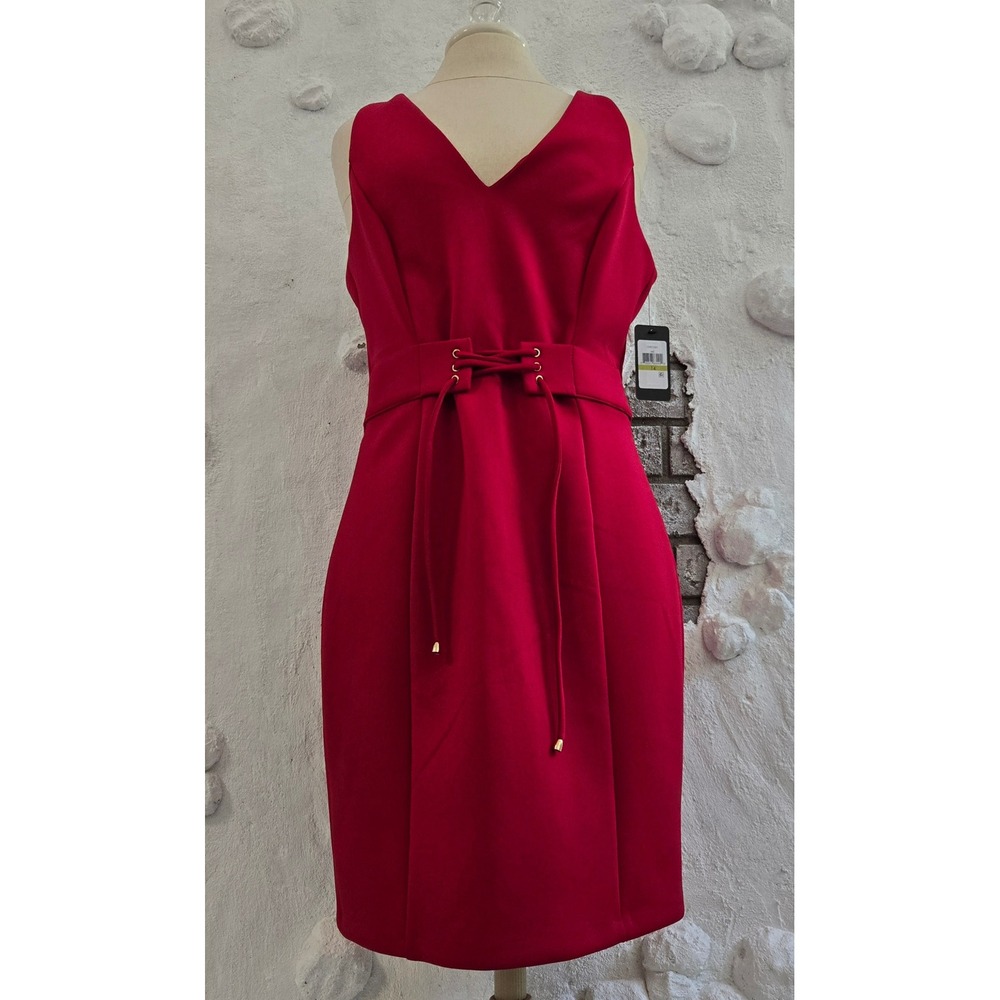 NWT Guess Red V-Neck Lace-Up‎ Waist Sheath Dress Women's 14